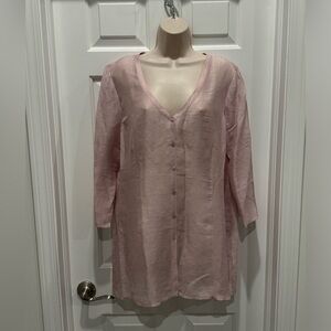 Eileen Fisher Pale Pink Silk Linen Button Front Longline Minimalist Tunic Top